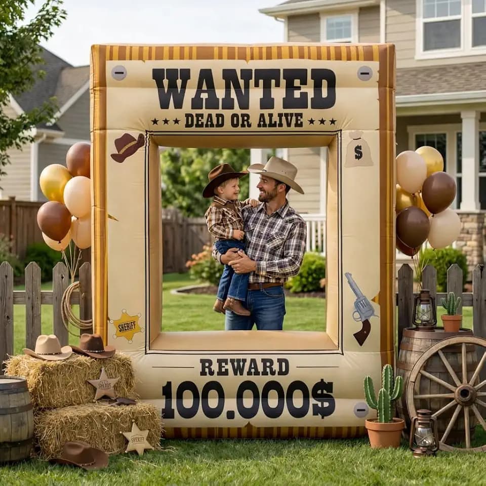 Western Party Decorations 7FT Inflatable Wanted Poster Frame, Rodeo Party Decorations, Wild West Party Backdrop with Western Photo Booth Props for Cowboy Birthday Party