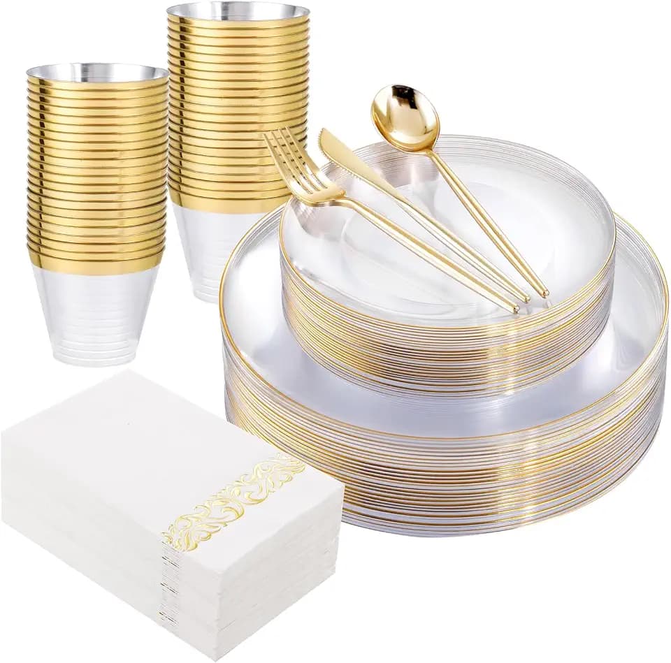 MirthMood 350Pcs Clear and Gold Plastic Dinnerware Set for 50 Guests