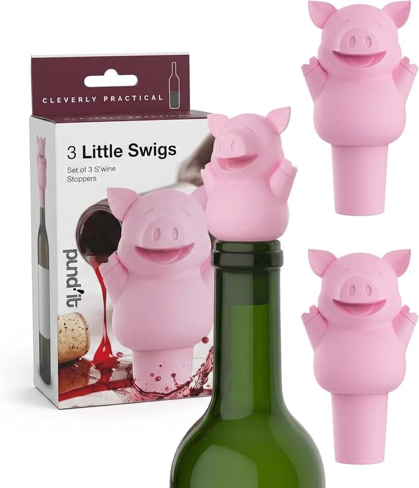 Pund'it 3 Little Swigs Wine Bottle Stoppers, Set of 3 Silicone Pig Corks