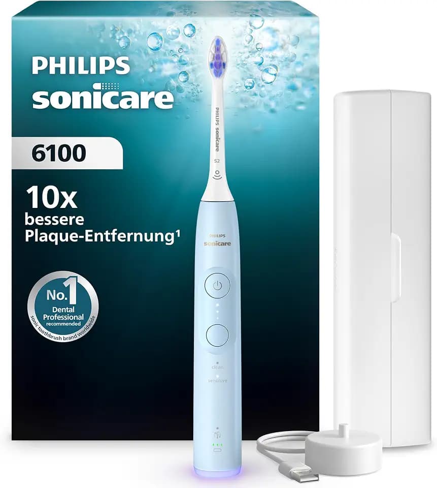 Philips Sonicare 6100 elektrische Zahnbürste, Schallzahnbürste mit 2 Putzmodi, 3 Intensitätsstufen, Andruckkontrolle, EasyStart, SmarTimer, BrushPacer, Hellblau, Modell HX7406/02 [Neue Technologie]
