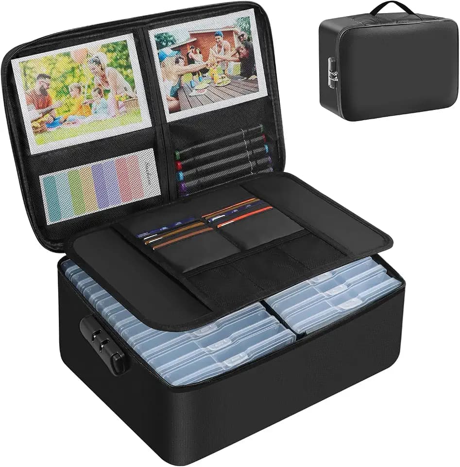 FUIJOL Fireproof Photo Storage Box with 18 Inner 5x7 Photo Cases, Lockable Collapsible Box with Handle, Photo Boxes Storage for Picture, Portable Photo Organizers and Storage for Scrapbook & Documents