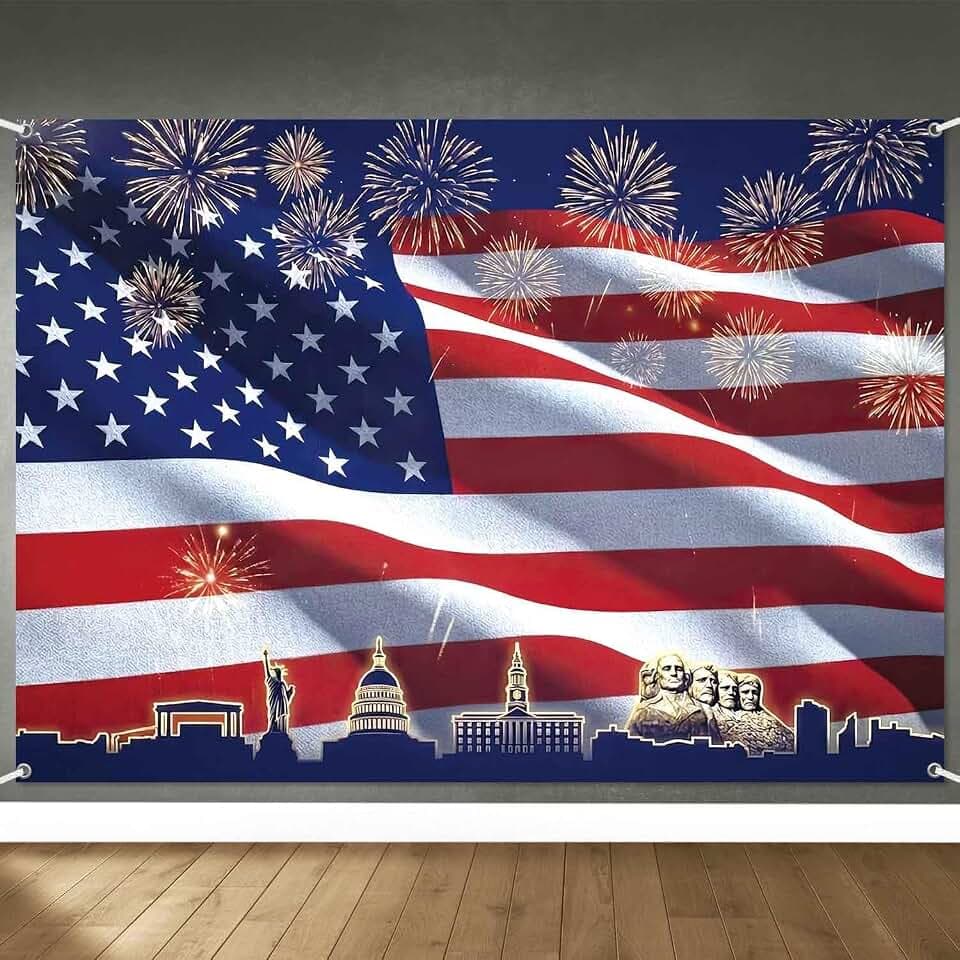 8x6ft Patriotic American Flag Backdrop 4th of July Banner Red White and Blue USA Flag Fireworks Photo Background Veteran Independence Day Memorial Day Party Decorations Supplies