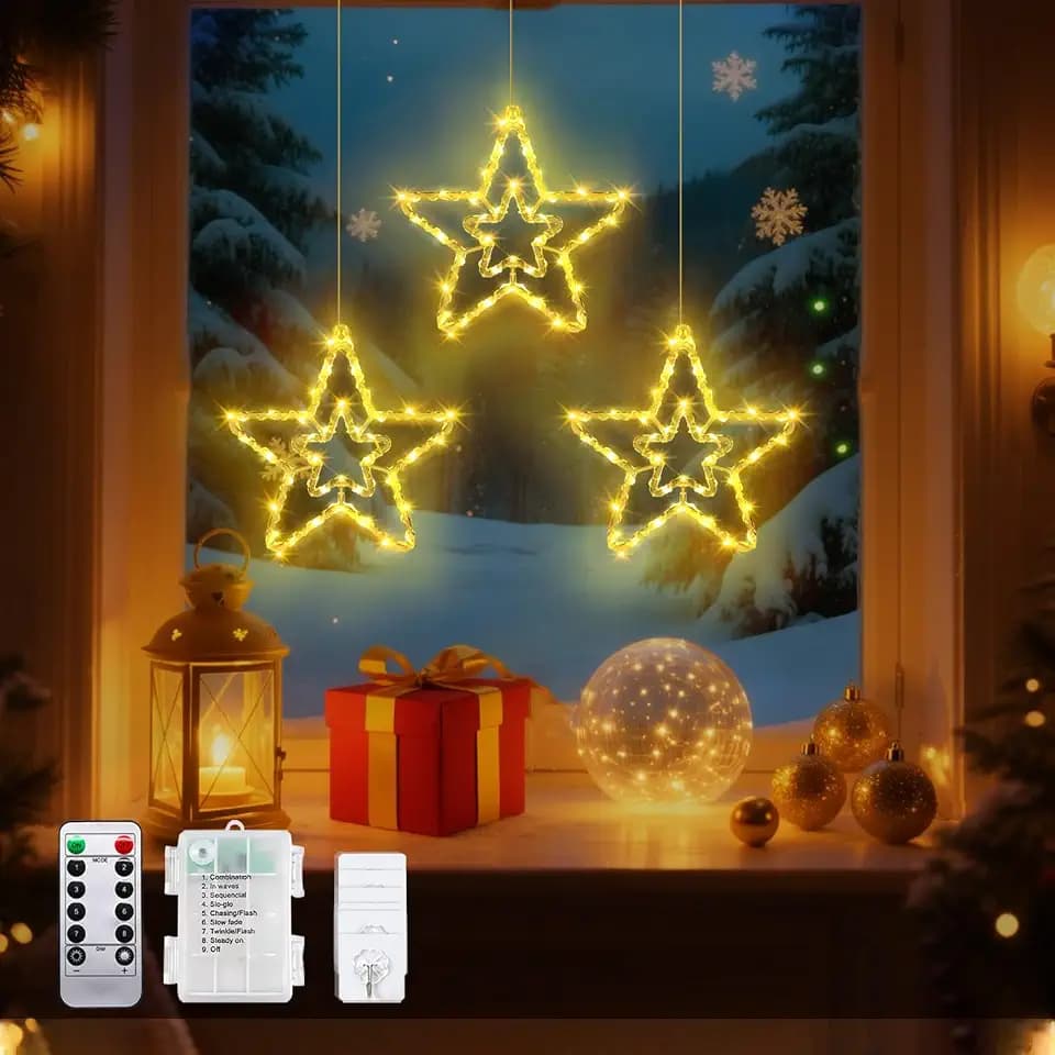 taiyongkang Weihnachtsfensterlichter Set mit 3 Sternen mit je 40 LED, batteriebetriebene Weihnachtsdekorationen mit Fernbedienung, 8 Modi & Timer, wasserdichte hängende Sternlichter für Innen und