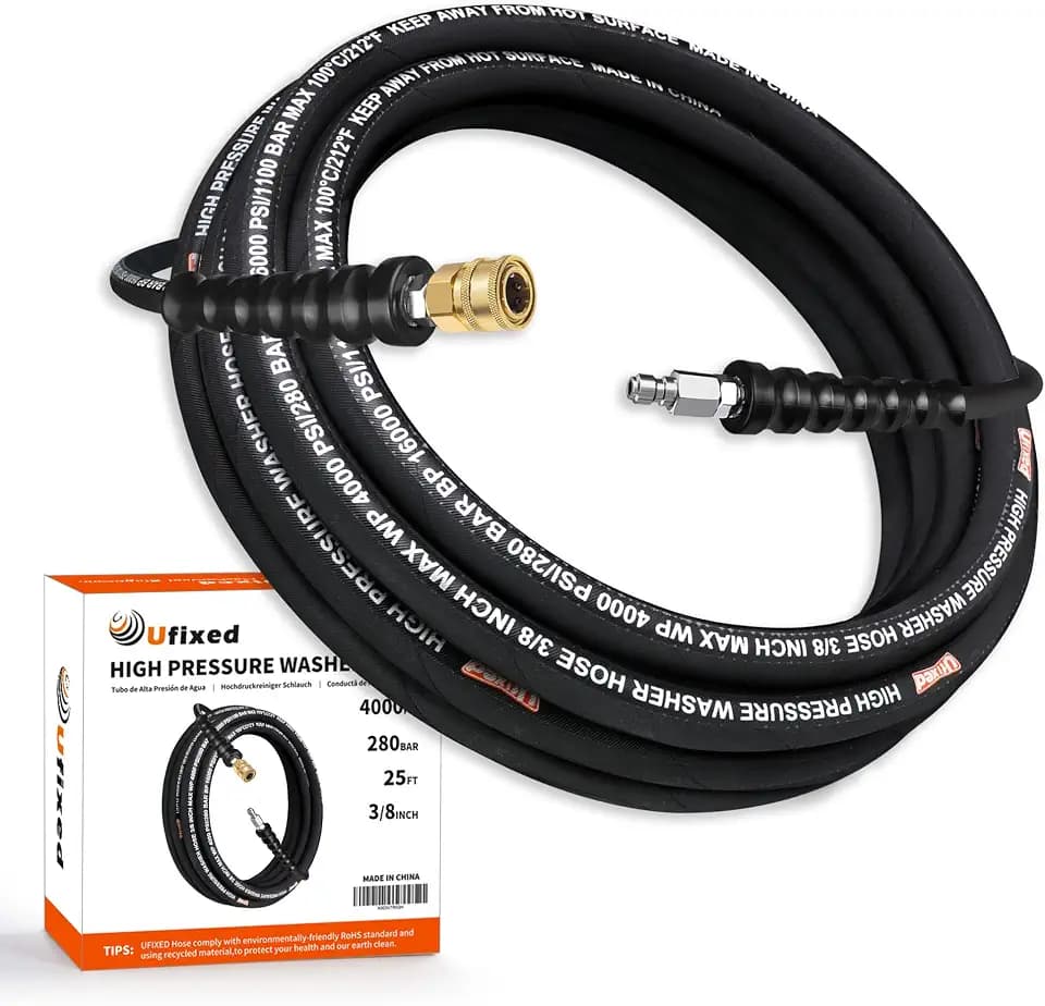3/8” Pressure Washer Hose 25FT 4000psi,Rubber Hose,Quick Connect,360° Swivel,Kink-resistant,Heavy Duty,Black