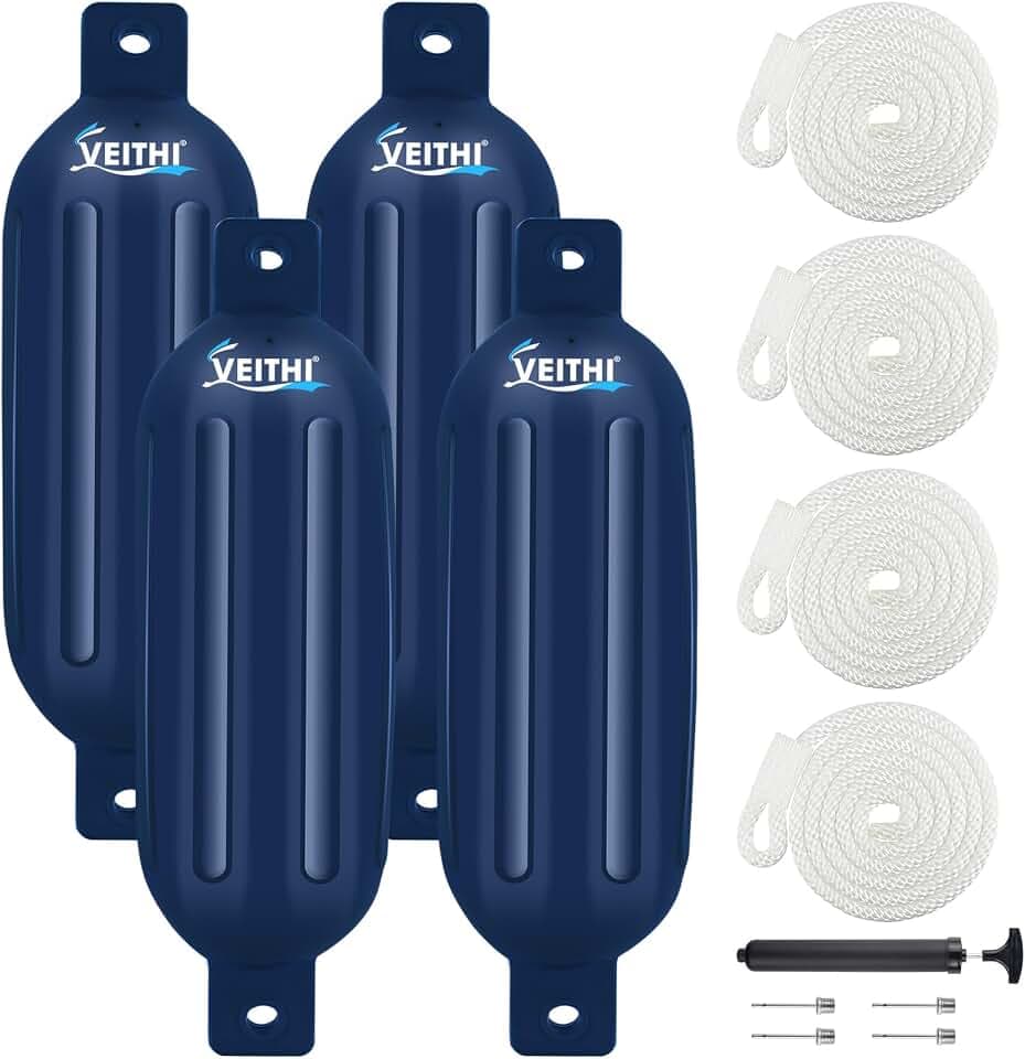 4.5/5.5/6.5/8.5/10/16 inch Boat Fenders 4 Pack,Ribbed Twin Eyes Vinyl Boat Bumpers Fenders,Boat Bumpers for Docking Come with Ropes Needles and Pump to Inflate