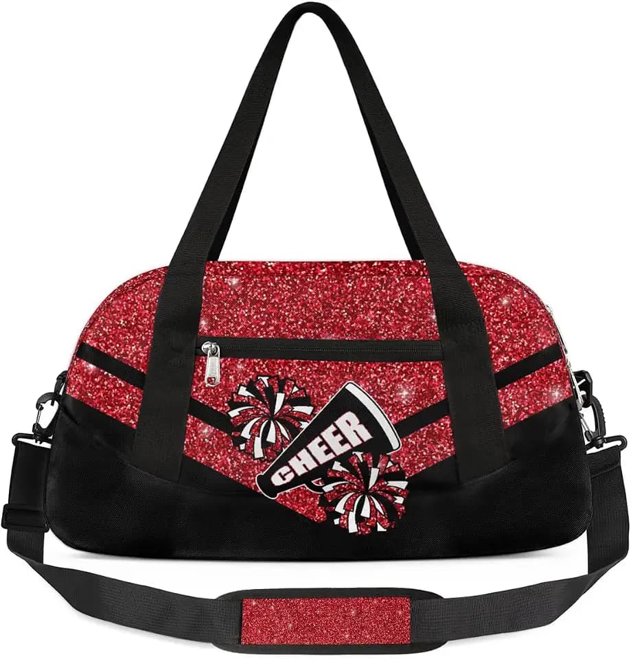 Cheerleading Kids Overnight Duffel Bags for Girls Red Glitter Sport Gym Bag Duffel Bag for Travel Weekender Practice Gymnastics Ballet School Gym Sleepover Bag