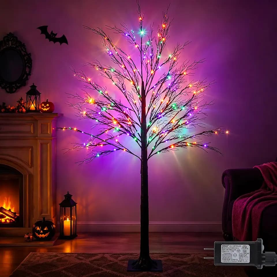 YEGUO 6FT Lighted Halloween Tree with 128 LED Orange Purple and Green Lights, Artificial Black Spooky Tree Lights 8 Lighting Modes Timer Waterproof for Indoor Outdoor Yard Home Halloween Party Decor