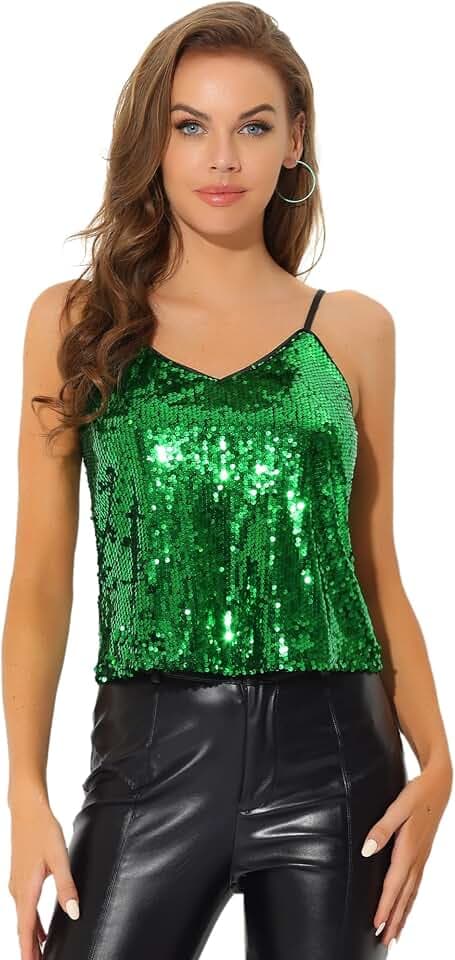 Allegra K Damen Pailletten Oberteil Glitzer Top Spaghetti Party Club Camisole Metallic Festival Shirt Top