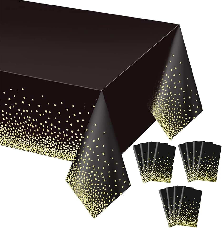 Gexolenu 12 Pack Black and Gold Disposable Plastic Tablecloth for Rectangle Tables(54" x 108"), Disposable Waterproof Party Table Cover for Birthday, Graduation, Gold Table Cloths Party Supplies