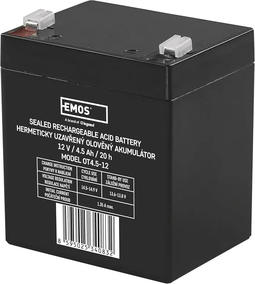 EMOS - Wartungsfreier Bleiakku - 12V 4,5Ah - AGM Batterie - Faston 4,7mm Anschluss - Für Notbeleuchtung, Alarmsysteme, Brandmeldetechnik, USV-Geräte - 91x71x105 mm