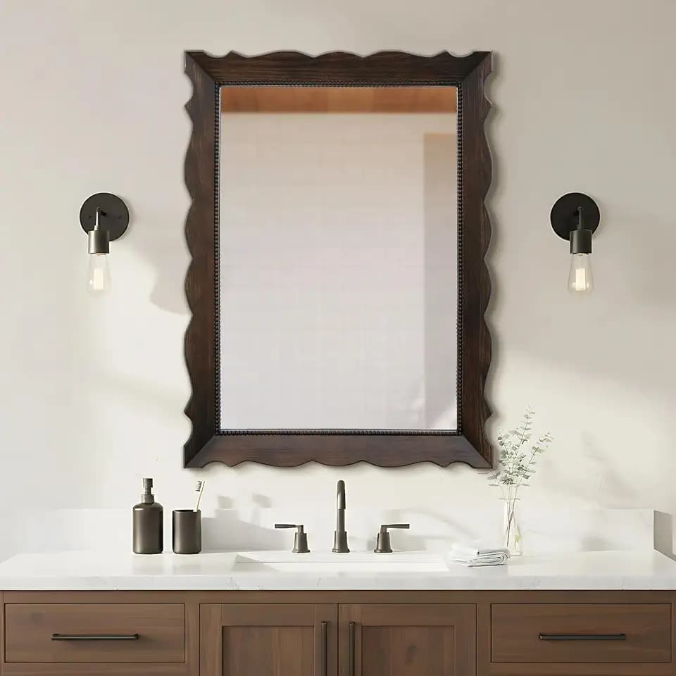 Besdomus Large Wood Bathroom Mirror: 30"x40" Dark Brown Scalloped Mirror