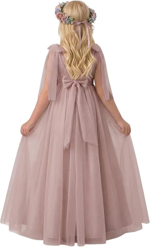 Boho Flower Girls Dresses Tulle Backless Ruffle Flowy Maxi Gown Holiday Beach Wedding Party with Bow