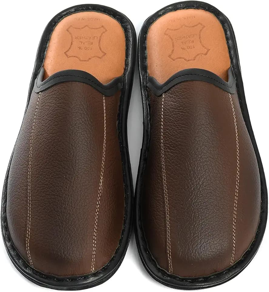 Herren Hausschuhe aus echtem Leder – Handgefertigte Pantoffeln mit rutschfester Sohle, Lederfußbett, Warm und Bequem für Zuhause, Größen 41–47