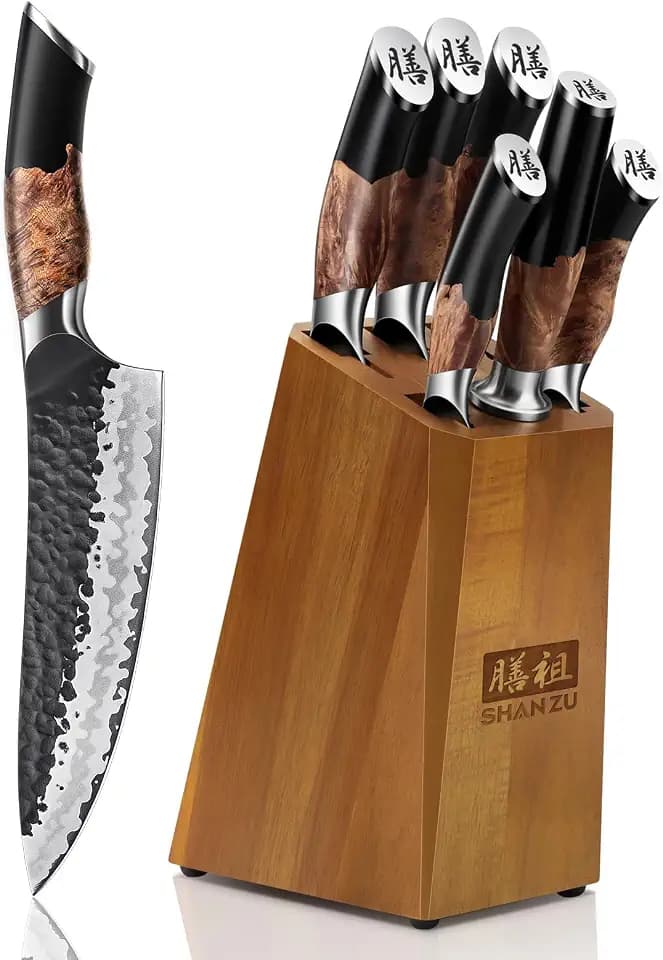 SHAN ZU Messerset 7 teilig, Japanisches Küchenmesser Set mit Block, 7 Schichten Hochwertigem Carbon Stahl Scharf Messerset für die Küche, Professionelles Kochmesserset mit Schärfer