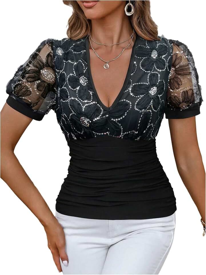 WDIRARA Women's Floral Embroidery Deep V Neck Mesh Short Sleeve Top Ruched Slim Fit Tee