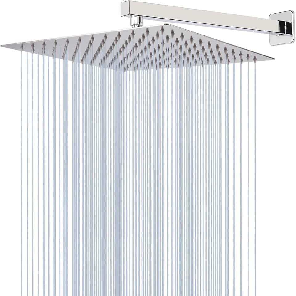 12" High Flow Rainfall Shower Head with 16" Shower Arm, Stainless Steel Square Showerhead Self-Cleaning Silicone Nozzles, Ultra-Thin Design, Universal Wall and Ceiling Mount (Chrome)