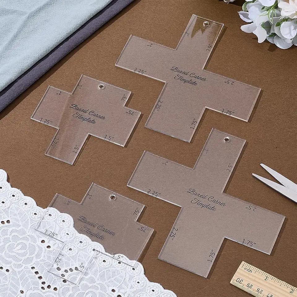 INFUNLY 4pcs Boxed Corner Template 2 Size Cutting Corners Template 0.75"-1.5"/1.75"-2.5" Clear Acrylic Quilting Box Corner Stencil Ruler Sewing Tools Set for Beginners Curve Bag Pocket DIY Sewing