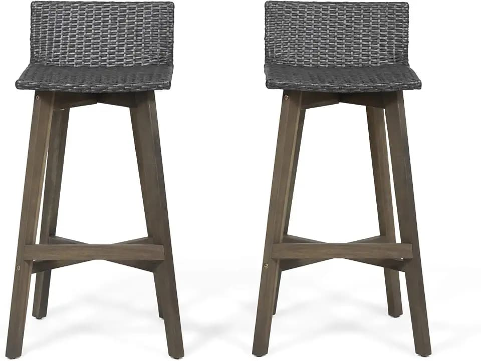 Christopher Knight Home La Brea Outdoor Acacia Wood & Wicker Barstools (Set of 2), Gray