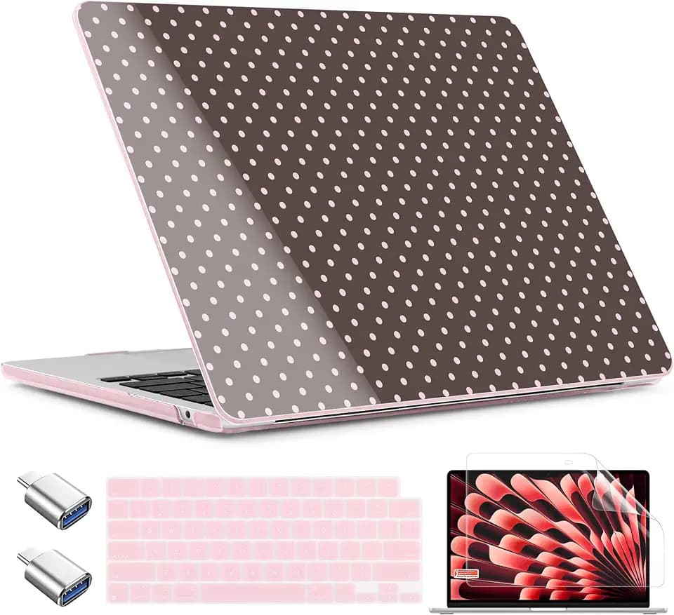 TWOLSKOO for MacBook Air 13 inch Case M5 2026 M4 2025 M3 M2 2024-2022 A3449 A3240 A3113 A2681, Plastic Hard Shell & Keyboard Cover & Type C for MacBook Air 13.6 inch Case, Chocolate Polka Dot