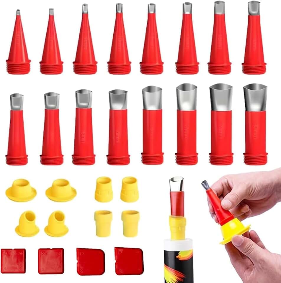 Universal Integrierte Gummidüse Werkzeug Kit,28 Stück Verschiedene Größen Kartuschenspitzen Transparent Silikontüllen,Edelstahl Dichtungsdüse Edelstahldüsen Satz,für Fenster Badezimmer