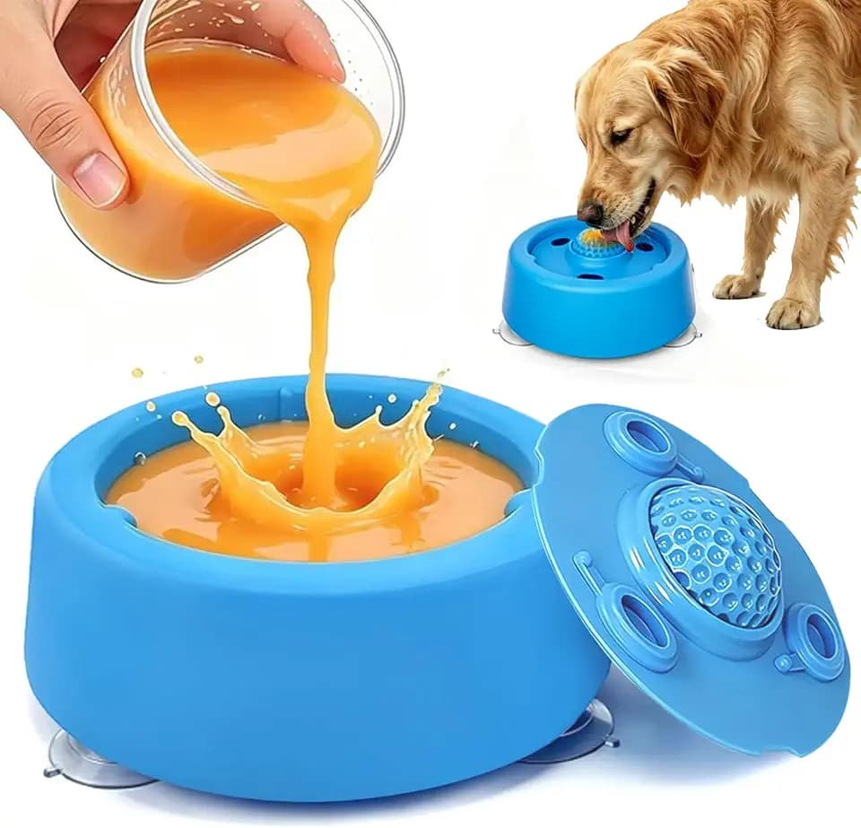 Slow Feeder Dog Bowls for Liquid Treat Dog Lick Bowl with Enrichment Rolling Ball Toy for Bone Broth Yogurt and Liquid and Thick Treat with Suction Cup Base for Small Medium Large Dogs