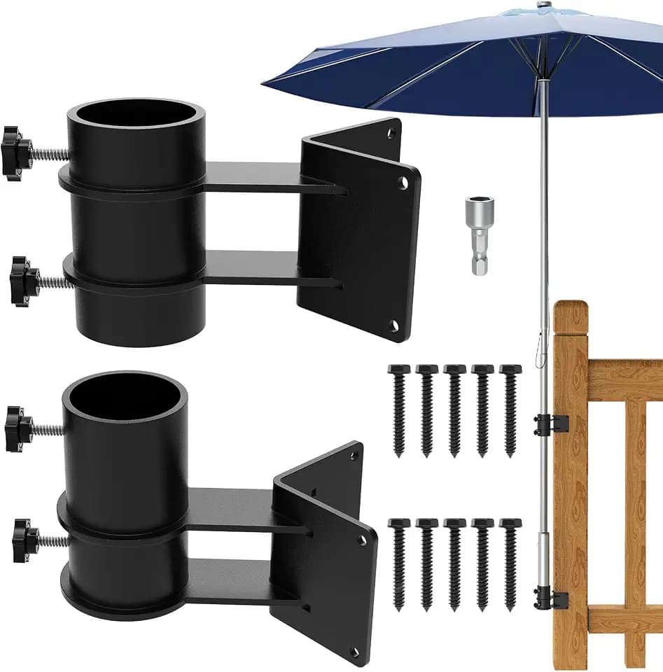 Heavy Duty Patio Umbrella Holder Corner Mount Umbrella Clamp Mount Bracket Stainless Steel Umbrella Deck Mount for Railing or Deck in Patio and Courtyard Fits Max OD 2"(2 Pcs, Black)