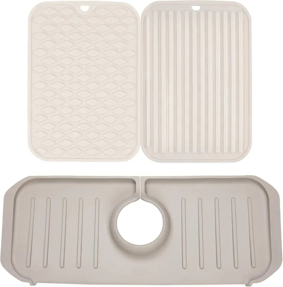 Clorox KeptClean™ 3-Piece Kitchen Sink Set with Two Interlocking Non-Slip Dish Drying Mats and Self-Draining Faucet Guard Splash Protector for Sink Areas, Almond Cream