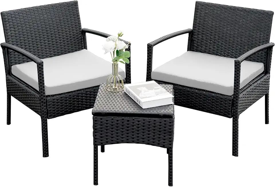 Outdoor Furniture 3 Piece Patio Bistro Furniture Set, Rattan Conversation Chairs Set with Side Table and Cushions, Porch Set Patio Furniture Set for Balcony Garden Yard, Gray