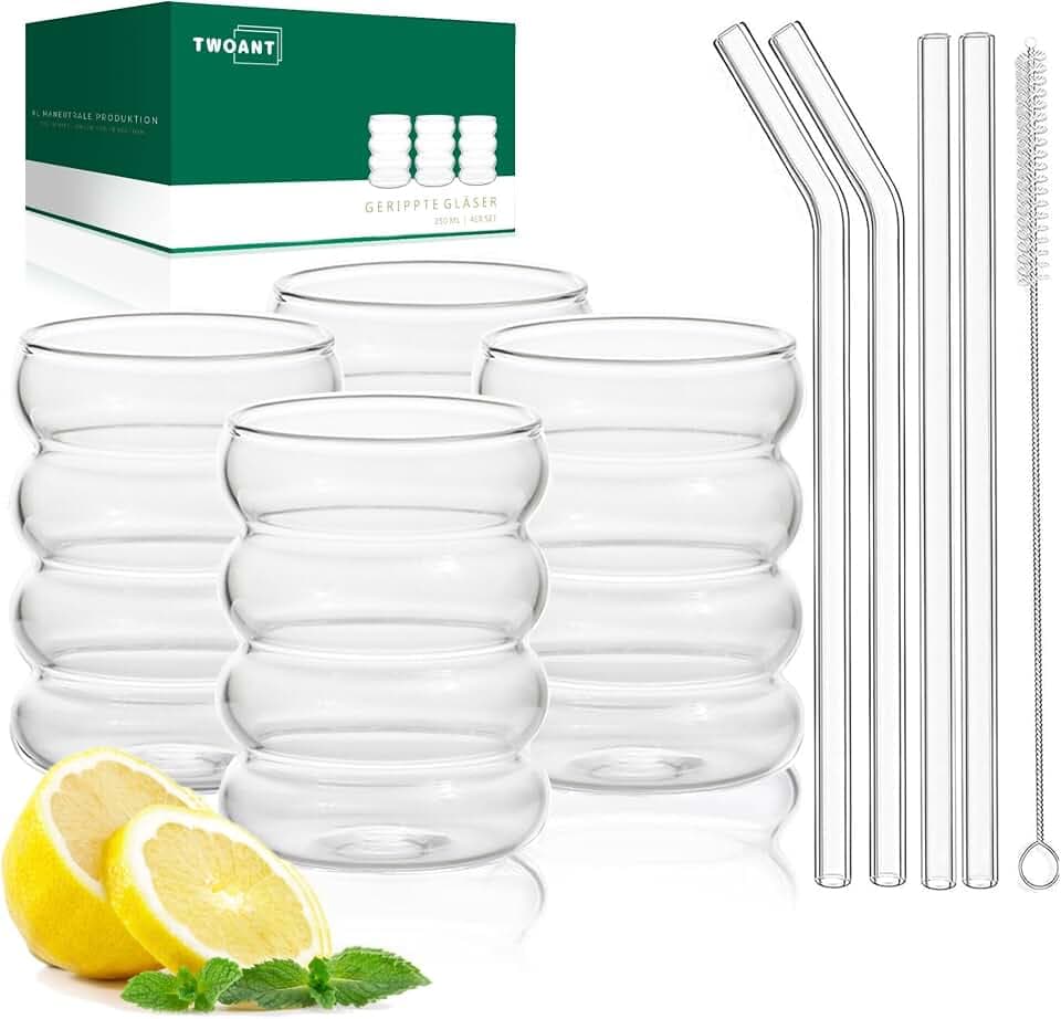 twoant Gerippte Trinkgläser 350ml 4er Set Cocktailgläser Wellenförmige Wassergläser Getränkegläser Saftgläser Kaffeegläser aus Glas Gläser für Wasser Trink Saft mit Glasstrohhalmen, Bürsten