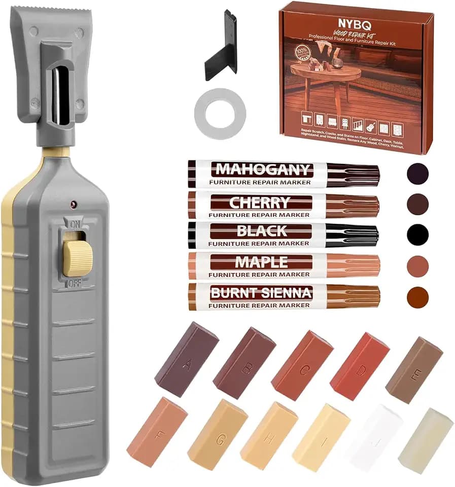NYBQ Laminat Reparaturset, 24 Stück Holz Parkett Reparaturset Neuem Upgrade-Schmelzwerkzeug, 11 Farben Hartwachs für Holzkitt Vinylboden Holzböden Möbel Arbeitsplattet Reparatur set