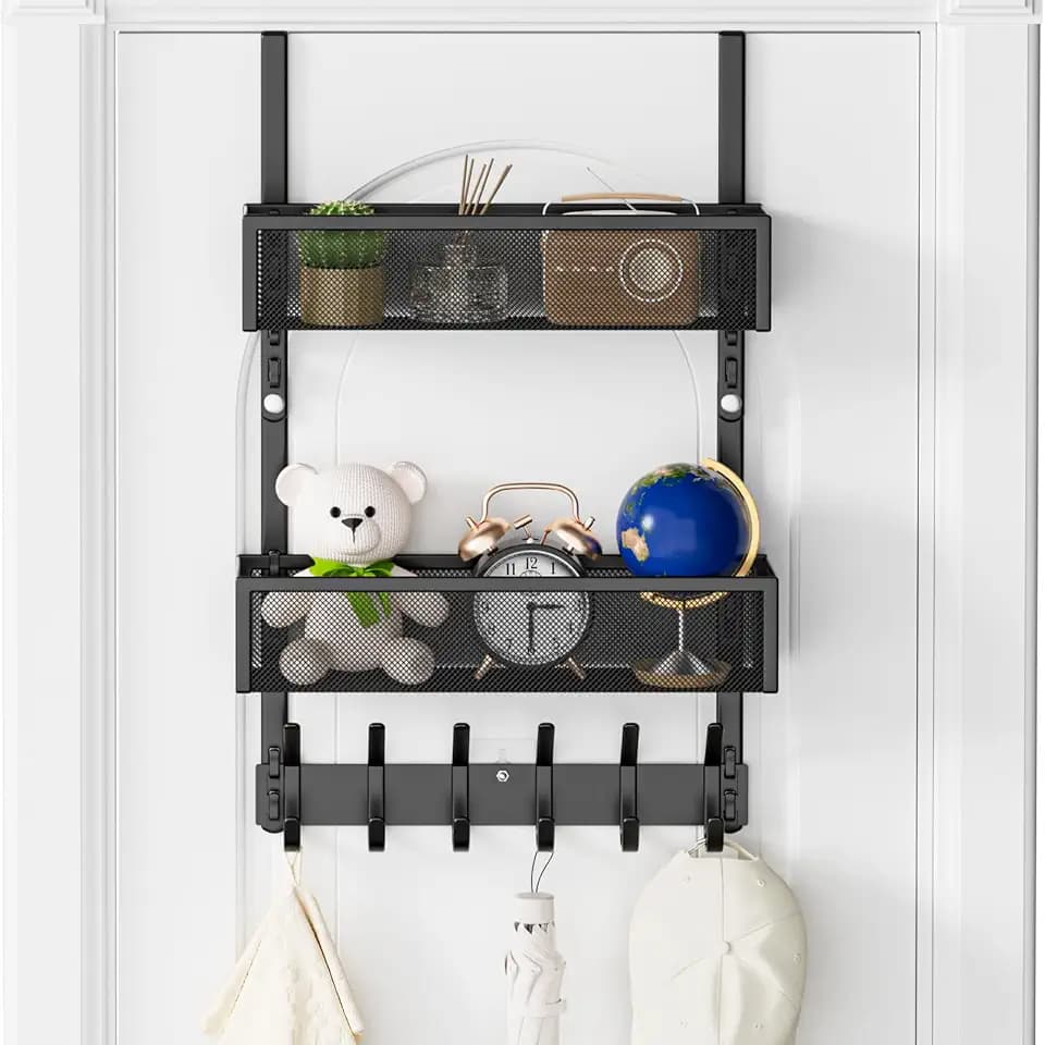 Türhaken-Organizer, Handtuchhalter mit 12 Kleiderhaken und 2 Netzkörben, Badezimmertür-Organizer, Tür-Organizer, Tür-Organizer, Organizer für Schlafzimmer, Küche (schwarz)
