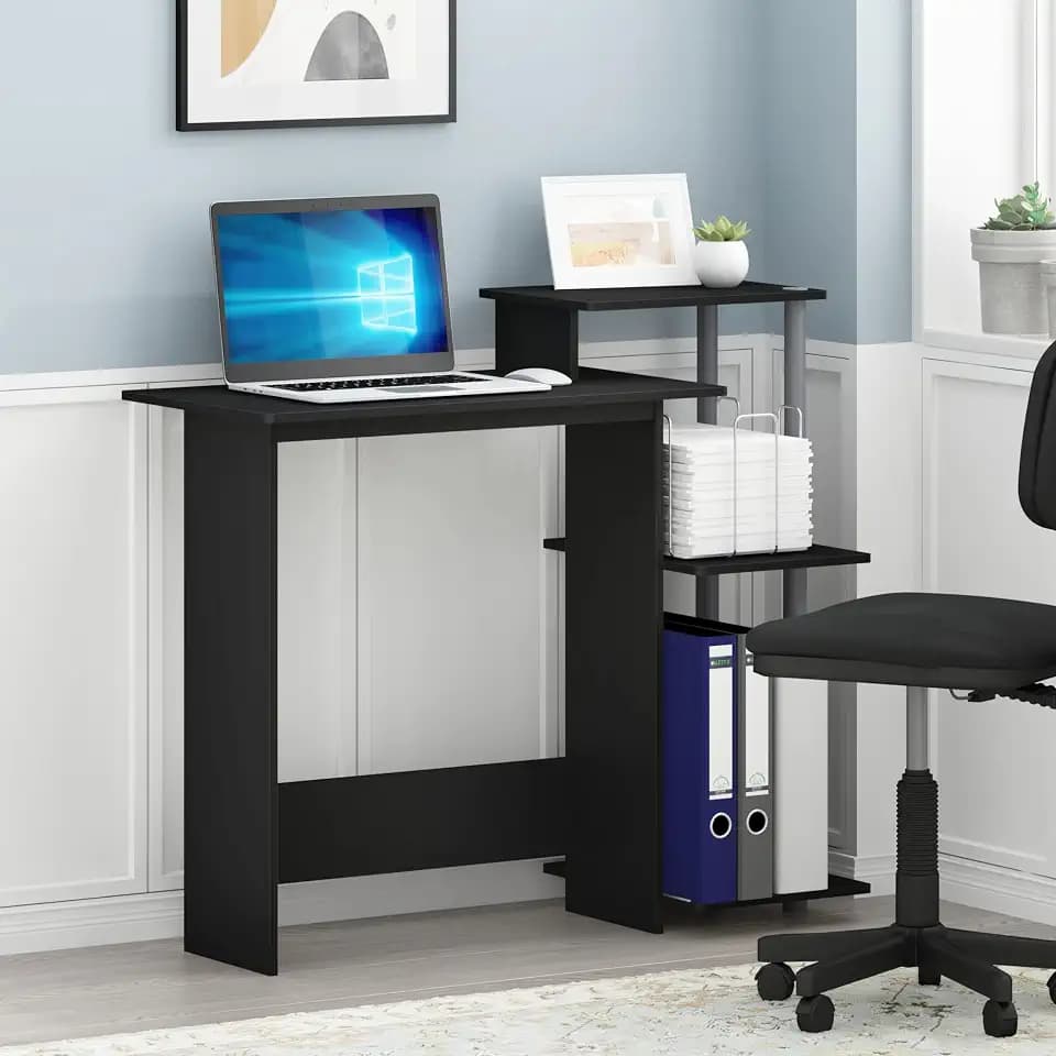 Furinno Efficient 29-Inch Black Computer Desk with Side Shelves, Gaming Desk with 3 Open Shelves, Home Office Desk, for Home Office, Study Room, Dorm, Bedroom, Black
