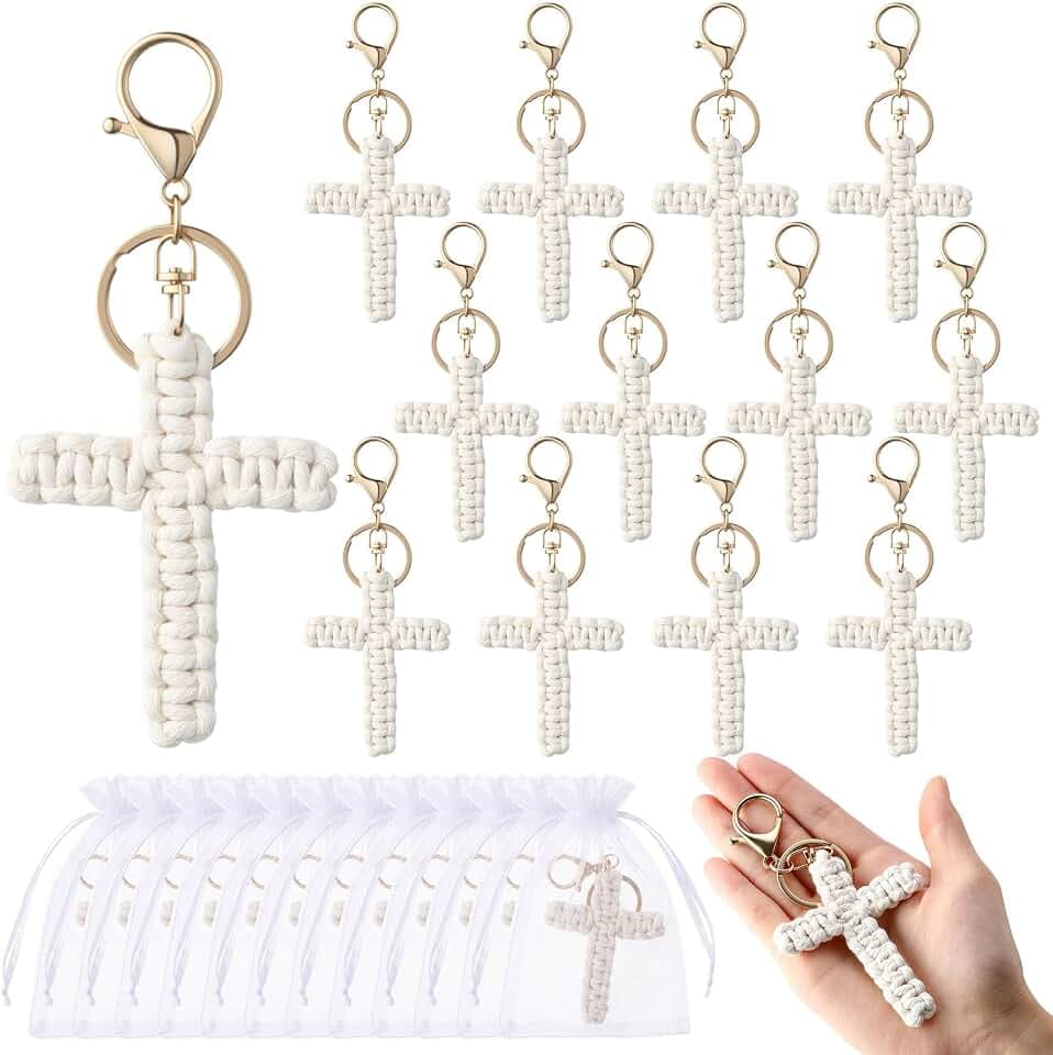 Equsion Macrame Cross Keychain Bulk with Organza Bags, Handmade Woven Jesus KeyChains Christian Accessories Boho Cross Charm