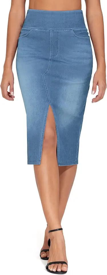 THE GYM PEOPLE Women's Jean Skirts Front Slit Midi Denim Skirt with Pockets