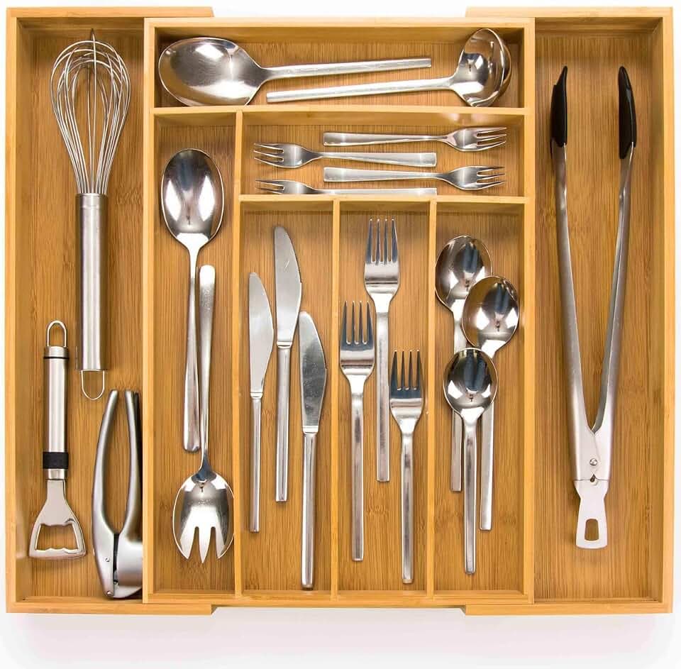 budu Besteckkasten #45 (Tiefe 45cm) aus Bambus - Schubladen Ordnungssystem für die Küche - Besteckkasten für Schubladen aus Bambus - Ausziehbar - Kitchen drawer organizer - Kitchen organizer