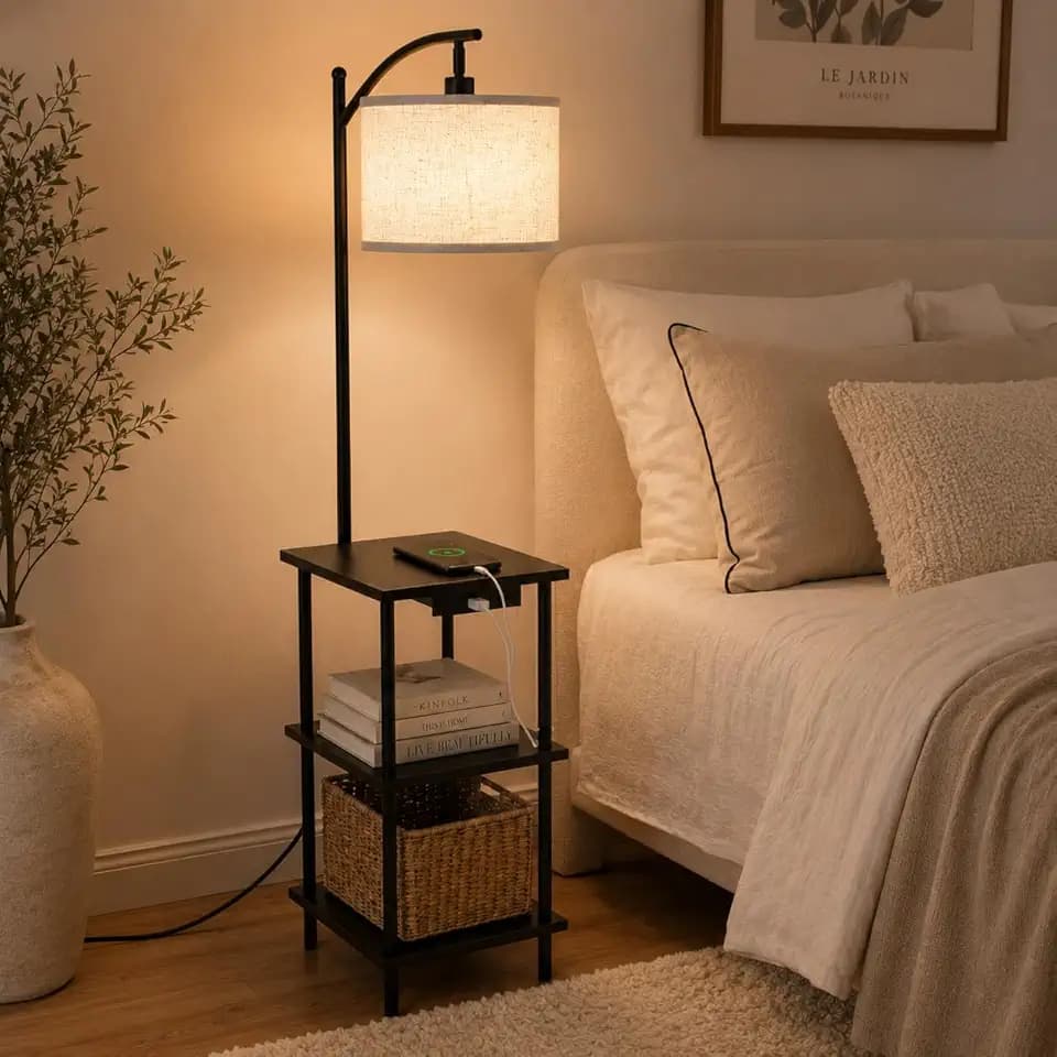 Stehlampe mit Regal & USB-A/C für Wohnzimmer, Schlafzimmer