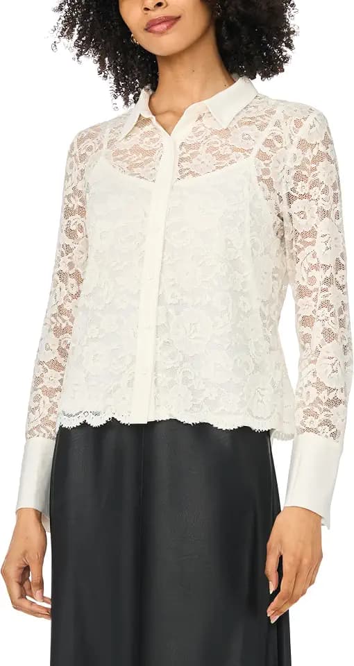 Vince Camuto Women's Lace Long Sleeve Collared Button Down Knit Blouse