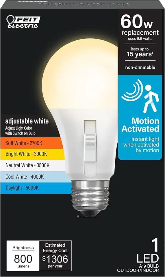 Feit Electric A19 LED Motion Sensor Light Bulb, 60W Eq, 5CCT, E26 Base