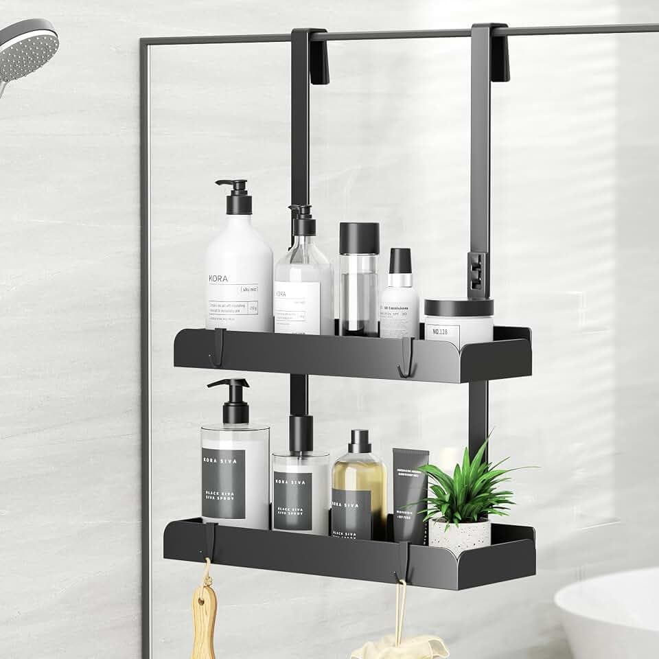 Josmimic Duschablage zum Hängen 2-stöckig 55,5 cm Hoches Duschregal ohne Bohren Edelstahl Duschkorb mit Haken –Badezimmer Organizer für Shampoo Schwarz