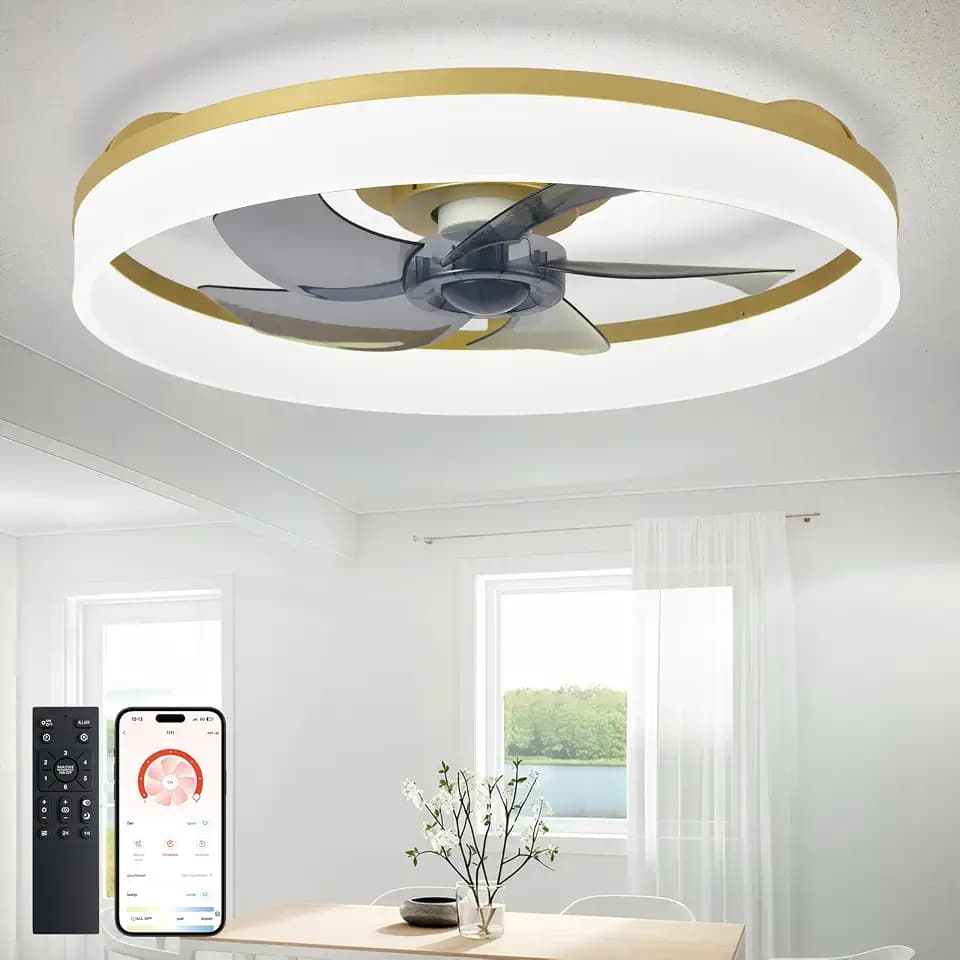 DLLT LED Ceiling Fan with Light: 20" Modern Low Profile Flush Mount Fandelier with App & Remote Control - Dimmable Gold Bladeless Fan Light Fixture for Bedroom Kids Room Living Room