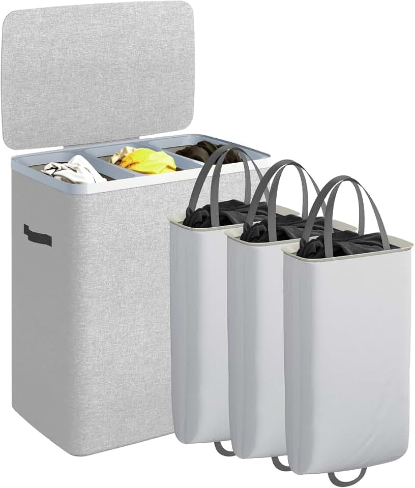 CASAMAYA Laundry Basket with Lid, Laundry Hamper 3 Section, 190L collapsible Laundry Organizer, Easy Assembly, with Handles and Removable Liners, 25.2 x 15.7 x 29.5 Inches, Gray JSP904G
