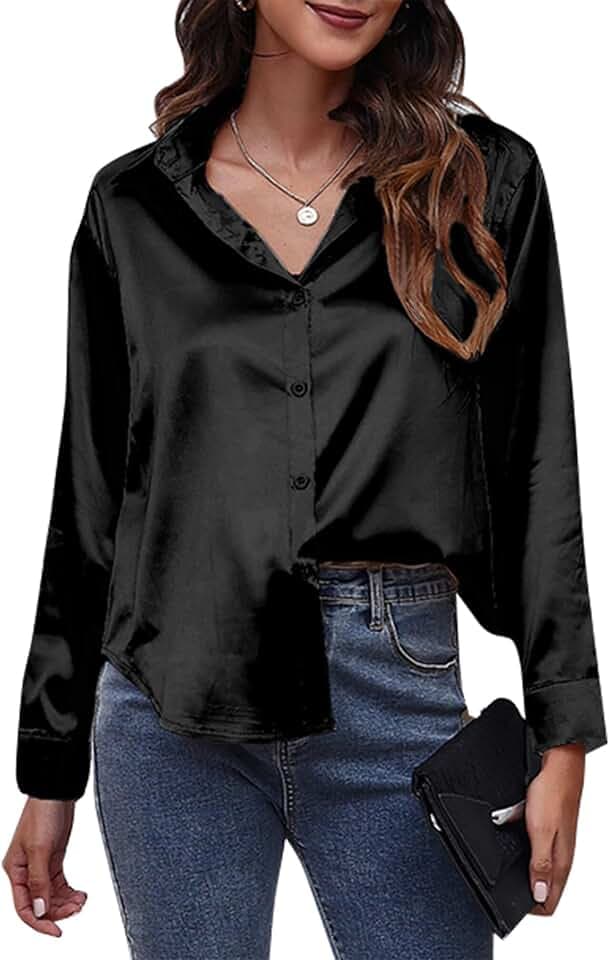 Damen Satin Button Down Shirts Elegant V-Ausschnitt Seidige Hemden Casual Langarm Arbeit Blusen Tunika Top