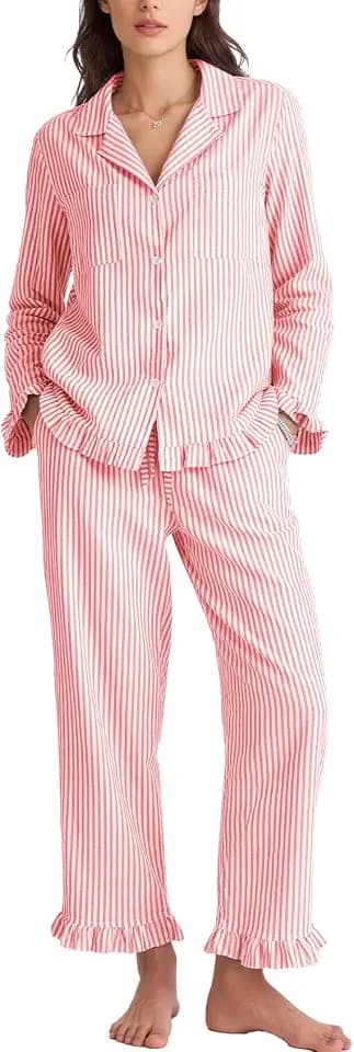 Flygo Women's 100% Cotton Pajamas Set Striped Soft Long Sleeve Sleepwear