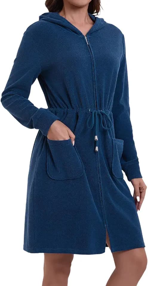 Eleganter Damen Bademantel mit Kapuze und Reißverschluss aus Frottee