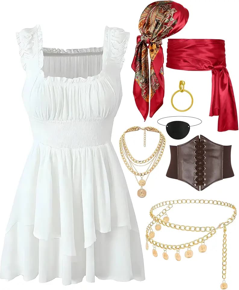 8PCS Pirate Costume Women Set Dress with Accessories Halloween Party Outfit