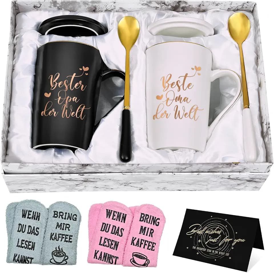 Joymaking Kaffeetasse Geschenkset mit Socke, Tasse Geschenk für Opa Oma zum Muttertag Vatertag Weihnachten, Personalisierte Geschenkidee für Großeltern, 400ml Schwarz und Weiß