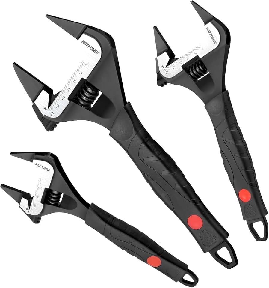 MAXPOWER Slim Jaw Adjustable Wrench Set, 8" 10" 12" Wide Jaw Opening Adjustable Wrench, Dual Scale with Metric and SAE, Deep Jaw with Soft Grip Handle, Jaw Capacity 36mm 50mm 60mm