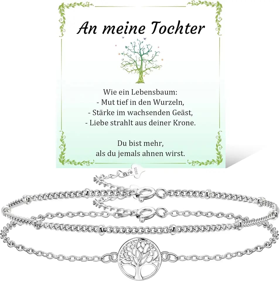 Lebensbaum Armband für Damen 925 Sterling Silber Weihnachten Geschenk für Mama Oma Schwester Freundin Sich Selbst Tochter Verstellbare 2 Stück