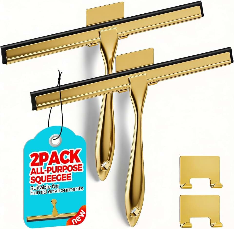 ALFLOD 2pcs Shower Squeegee for Glass Doors with Adhesive Hanging Hook Set