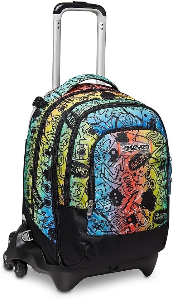 Seven Schulranzen Detach mit Trolley-Funktion, Rucksack mit Rollen, zum Ziehen, für Schule Sport Freizeit, ab 1. Klasse, 3 in 1, mit Trinkflaschenfach, mit kleinem Rucksack, für Kinder, mehrfarbig
